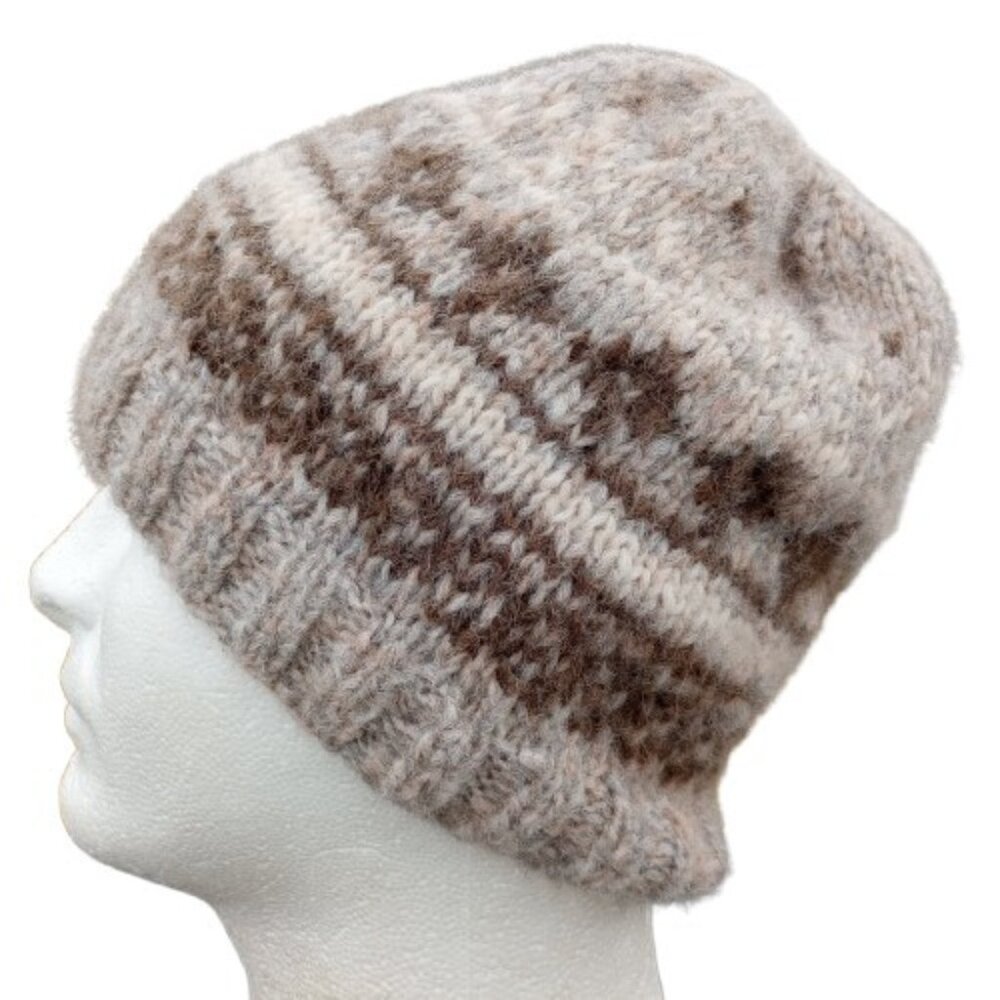 Men's Alpaca Fair Isle Beanie Wool Hat Handmade Knit Beige Brown Winter Nordic